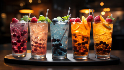 Refreshing cocktail with fresh fruit, ice, and a colorful glass generated by AI - obrazy, fototapety, plakaty