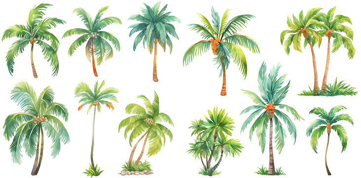 Watercolor palm and coconut tree clipart for graphic resources