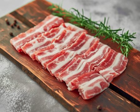 Thinly sliced pieces of pork belly for barbecue arranged on a wooden table. Slices of pork belly in a delicate and juicy appearance.