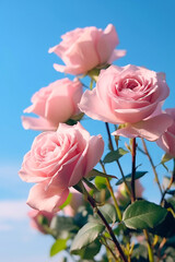 Pink rose flower in the garden on blue sky sunlight with bokeh,Generative AI