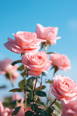 Pink rose flower in the garden on blue sky sunlight with bokeh,Generative AI