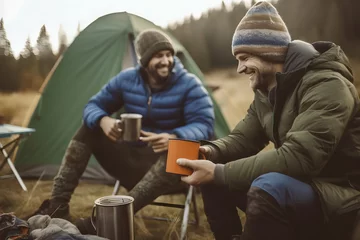 Foto op Canvas mens in a tranquil camping experience in the woods. They are sitting by a controlled fire, with one of them holding a metal cup, possibly filled with a warm beverage © manof