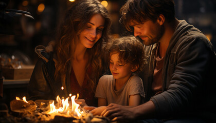 A happy family sitting together, enjoying the warmth of fire generated by AI