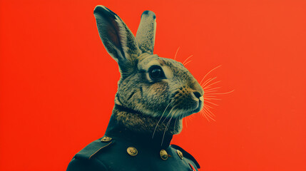 Rabbit in Army Uniform Against Orange Background