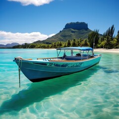 Naklejka na ściany i meble Bora Bora Boat tours are a fun way to see the island and experience the crystal blue waters, boat on the sea