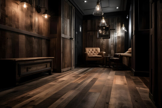 rustic wooden room with dark lighting and textured flooring