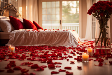 Close up of red rose petals and candles on the floor of a bedroom, with a luxury bed, which also has red rose petals on top, in the background. Valentine's day concept. Generative AI