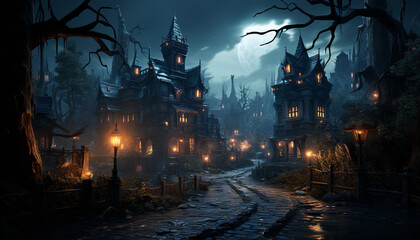 Obraz premium Spooky night, dark horror, foggy Halloween, old tree, fear dusk generated by AI