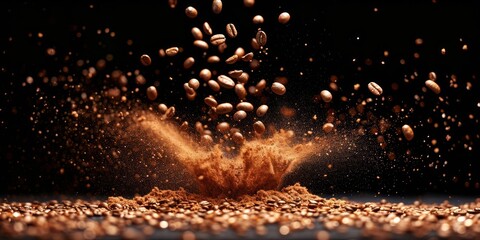 Dynamic explosion of coffee grounds and beans against a black background. - obrazy, fototapety, plakaty