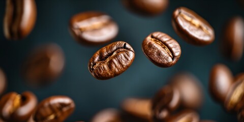 Fototapeta premium Close up of coffee beans in mid air with a dark background.