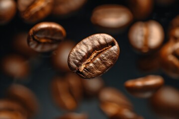 Fototapeta premium Close up of coffee beans in mid air with a dark background.