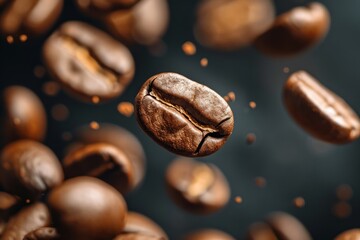 Fototapeta premium Close up of coffee beans in mid air with a dark background.
