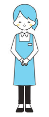 水色｜笑顔で手を組む女性店員｜エプロン