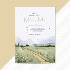 wedding invitation with beautiful field landscape watercolor