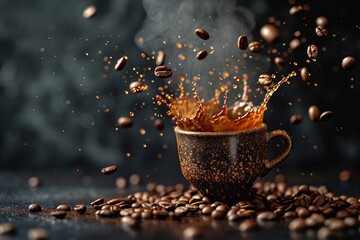 Coffee beans splashing out of a cup with steam on a dark background.