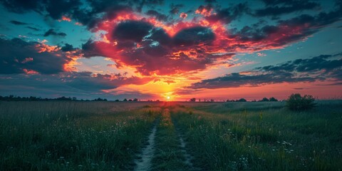 Heart shaped cloud formation with a sunset and a pathway leading towards it.