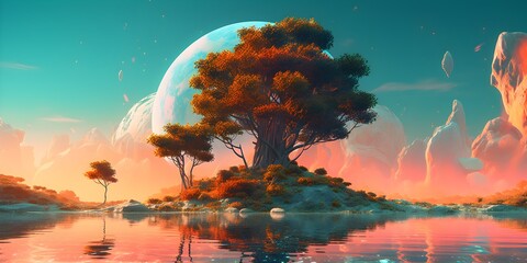 vibrant planet with a lush tree standing tall on its surface