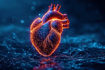 Digital illustration of a human heart in a wireframe design with a dark background. - obrazy, fototapety, plakaty