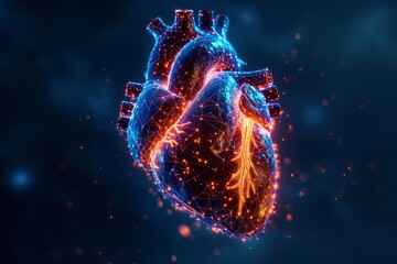 Digital illustration of a human heart in a wireframe design with a dark background. - obrazy, fototapety, plakaty