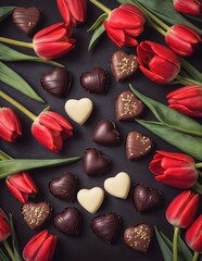 Valentine's day background with tulips and chocolate candies