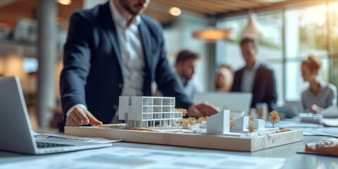 Business professionals with a model building and documents at a meeting. - obrazy, fototapety, plakaty