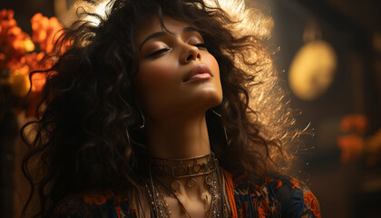 Beautiful woman with curly brown hair, smiling outdoors, radiating elegance generated by AI