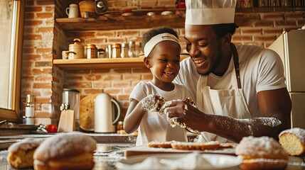 African family cooking baking cake or cookie in the kitchen together, Happy smiling Black son enjoys playing and touching his father nose with finger and flour while doing bakery at home. BeHealthy - obrazy, fototapety, plakaty