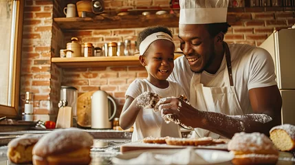  African family cooking baking cake or cookie in the kitchen together, Happy smiling Black son enjoys playing and touching his father nose with finger and flour while doing bakery at home. BeHealthy © Sasint