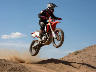 Motocross racer with his motorcycle floating in the sky, at the desert