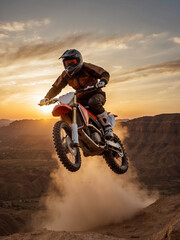 Motocross racer with his motorcycle floating in the sky, at the desert