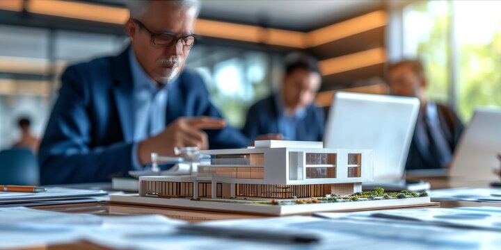 Business professionals with a model building and documents at a meeting.