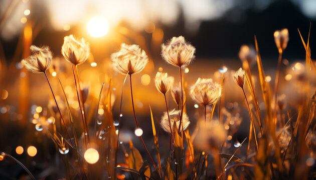 Vibrant yellow flower blossoms in the meadow at sunset generated by AI