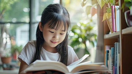 Asian child reading book at home - obrazy, fototapety, plakaty