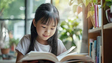 Fotobehang Asian child reading book at home © Sasint