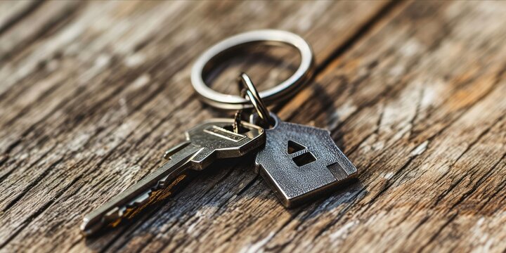 Keychain with a house shaped pendant on a wooden surface.