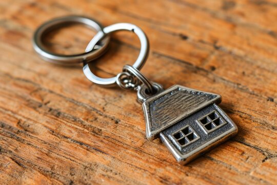 Keychain with a house shaped pendant on a wooden surface.
