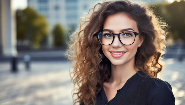 Portrait of a beautiful young woman with long curly hair in glasses