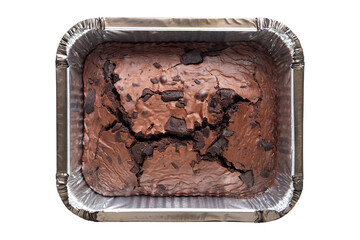 Top view of Fudge Brownie in Square Foil Tray Isolated Transparent Background