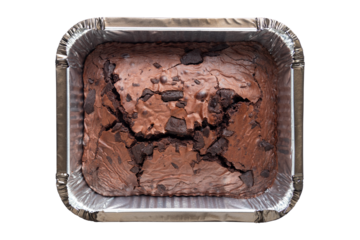 Top view of Fudge Brownie in Square Foil Tray Isolated Transparent Background