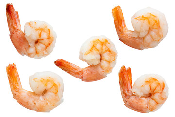 Set of cooked white shrimp peeled and deveined Isolated Transparent Background - obrazy, fototapety, plakaty