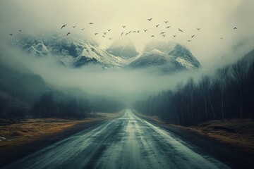 Surreal image of a road transforming into a mountain landscape with flying birds. - obrazy, fototapety, plakaty