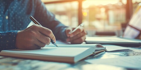 Close up of a person hands writing in a notebook with a pen, with a laptop in the background.