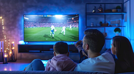 Caucasian family watching tv with football match on screen. Global sport concept, digital composite image. - obrazy, fototapety, plakaty