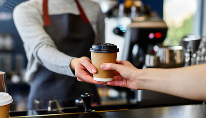 Coffee to go in hand of barista in coffee shop