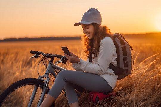 A Cyclist Taking A Break To Enjoy The Beautiful Sunset. Woman Is Seated On A Hay Bale, Engrossed In Their Phone, With Their Bicycle Parked Beside Them