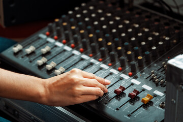 Amplifier mixer and equalizer in studio room in close up view. uds