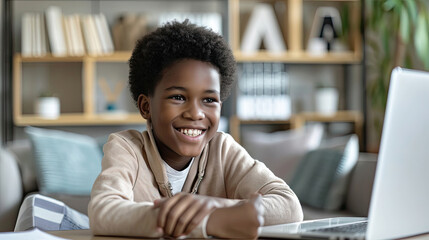Distance education. Smiling African American child schoolboy studying online on laptop at home, sitting at table and communicating with teacher through video call on computer