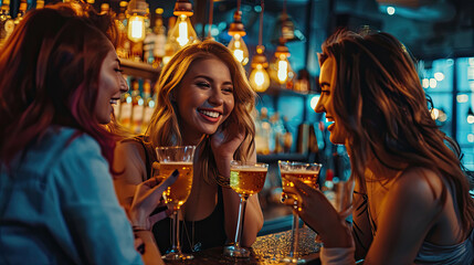 Group of girl friends enjoy talking and drinking at the bar restaurant together. Woman meeting at the party or event. Night lifestyle activity on weekend - obrazy, fototapety, plakaty