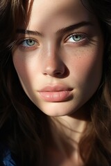 Fototapeta premium Portrait of a young woman with green eyes and freckles