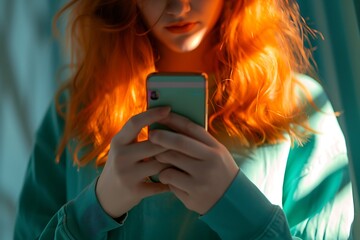 Cropped view of redhead girl using smartphone in bed at night